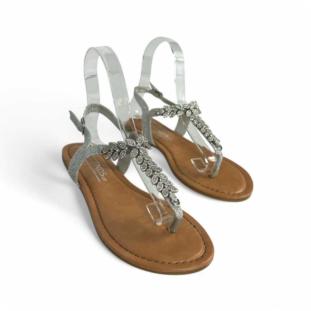 TrendsUp Rhinestone T-Strap Sandals Silver Dressy Flat Thong Sandals Size 6